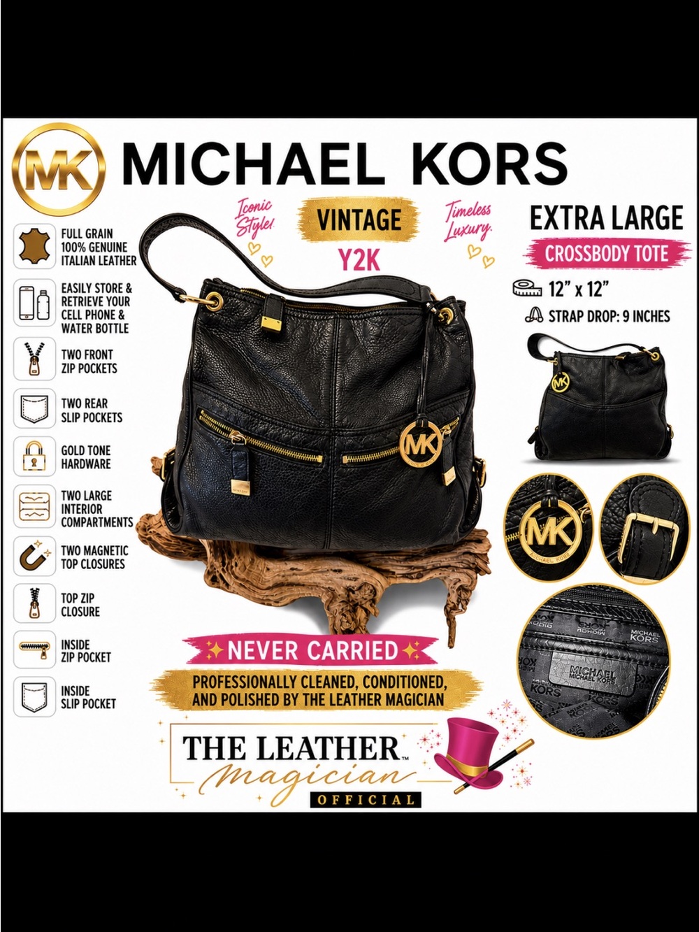 Michael Kors XL Black Pebbled Leather Crossbody Tote Y2K Vintage NWOT